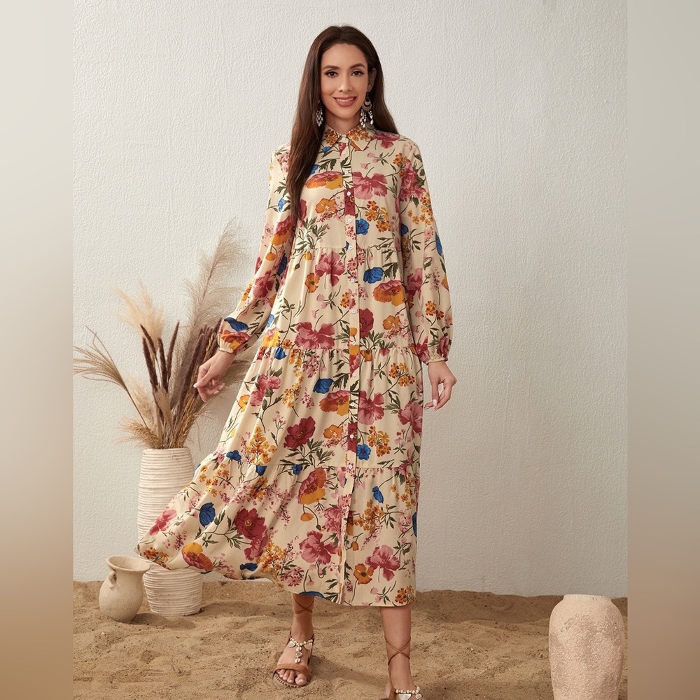 Floral long sleeve maxi dress with buttons size small